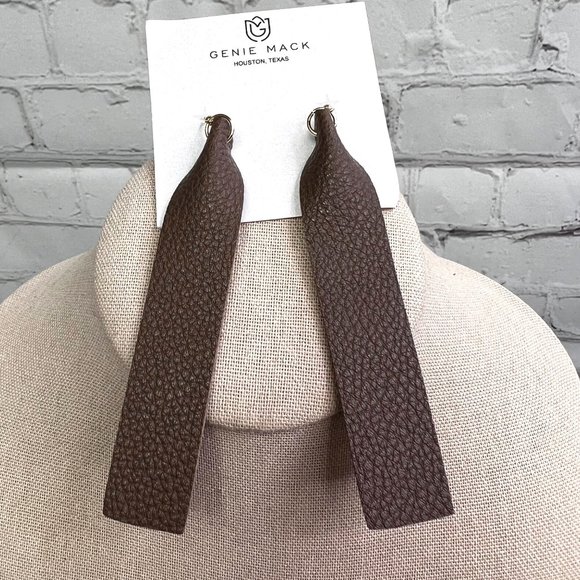 Faux Leather Dangle Drop Earrings Brown Pebbled Long Boho Genie Mack NWT - Picture 4 of 4